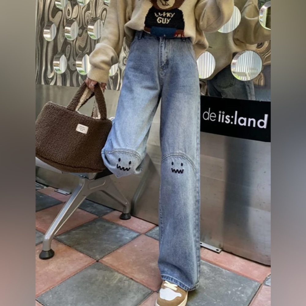 Y2k Fashion Tide Light Design Smiley Face Embroidered Jeans Women High Waist